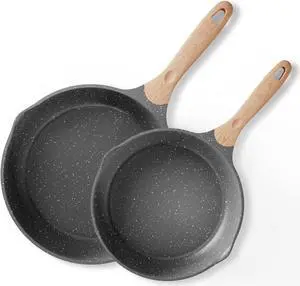 JEETEE Nonstick Frying Pans Set, Skillets Set 2 Pcs, 8" 10" Granite Non-Stick Frying pan, Nonstick Omelette Skillet with Soft Touch Handle, Grey