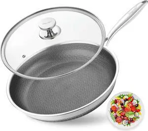 Non Stick Frying Pans, 12 inch Nonstick Skillet with Lid made of Stainless Steel with Honeycomb for Cookware Breakfast Egg- Induction Ceramic Gas Cooktop and Oven Safe Frying pan.