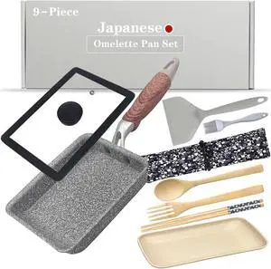 9 PCS Tamagoyaki Pan Set, Japanese Omelette Pan Nonstick with Lid, Square Japanese Egg Pan, Rectangle Tamago Pan 7" x 5" Grey