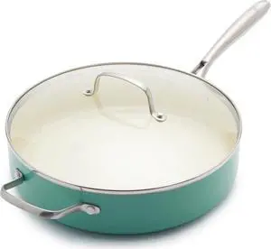 GreenLife Artisan Healthy Ceramic Nonstick, 5QT Saute Pan Jumbo Cooker with Helper Handle and Lid, Stainless Steel Handle, Induction, PFAS-Free, Dishwasher Safe, Oven Safe, Turquoise