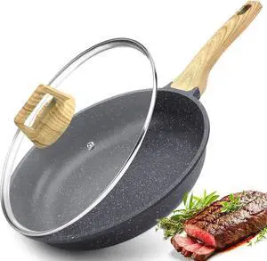 GiPP Nonstick Frying Pan Skillet with Lid - 9.5" Grey Granite Non Stick Pans, Omelette Pan with Heat-Resistant Handle, Compatible with All Stovetops, PFOA Free