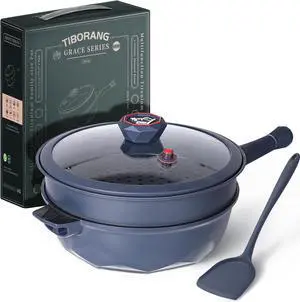 TIBORANG 8 in 1 Multipurpose 11 Inch 5 Quart Heat Indicator Nonstick Deep Frying Pan with Glass Lid, Stay-cool Handle, Steamed Grid, PFOA-Free,Dishwasher&Oven Safe,Works with All Stovetops(Navy Blue)