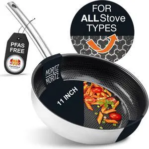 Moritz & Moritz Stainless Steel Pan Honeycomb Structure 11 inches with Ceramic Coating Suitable for All Cooktops Non-Stick Pan with Straight Edge for Cooking, Roasting, and Braising