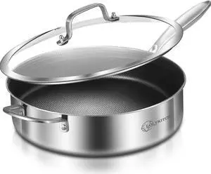 LOLYKITCH 6 QT Hybrid Tri-Ply Stainless Steel Non-Stick Sauté Pan with Lid,12 Inch Deep Frying Pan,Large Skillet,Jumbo Cooker,Induction Pan, Oven Safe and Detachable Handle.