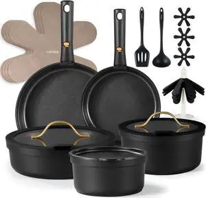 CAROTE 20pcs Pots and Pans Set Non Stick, Nonstick Cookware Set, Dishwasher/Oven/Fridge Safe Pots and Pans, Removable Handle RV Oven Safe Cookware, Induction Kitchen Set, Black