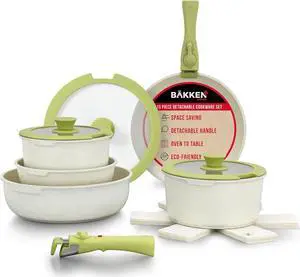 Bakken 15-Piece Non-Stick Cookware Set with Detachable Handles  Granite Stackable Pots and Pans Set, Dish Washer Safe, Oven-Safe, and Compatible Kitchen Essential for All Stoves  Green/Cream