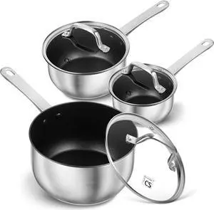 KOCH SYSTEME CS Stainless Steel Saucepan Set, 1QT & 2QT & 3QT Stainless Steel Sauce Pan with Nonstick Coating, Stainless Steel Pot Set, Induticon Sauce Pan Sets with Lids, Easy to Clean, Oven Safe