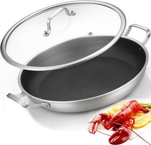 Tri-Ply Stainless Steel Paella Pan,13.5 Inch Nonstick Large Skillet,10 Servings 18/10 Paella Pan with Lid,Jumbo Cooker,Induction Pan,large stainless steel pan for Outdoors,Camping,Parties