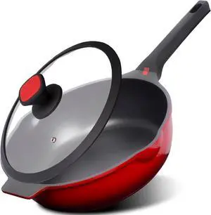 DIIG Nonstick Deep Frying Pan Skillet with Lid, 12 inch/ 5.5 QT Saute Pan with Silicone Lid, Sauce Pan Cookware Cooking Chef Pan, Cast Aluminum Induction Compatible, Ruby Red
