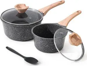 Sauce Pan Set with Lid, 1.5QT & 2.5QT Non Stick Small Pot with Granite Coating, Saucepan with Pour Spout, Multipurpose Handy Induction Pot, Cooking Pot, PFOA/PFOS Free
