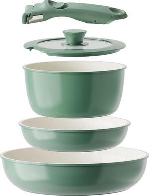 Redchef Ceramic Cookware Set, Removable Handle Pots And Pans Non Stick, Rv Cookware Set, Non Toxic Pots And Pans Set No PFAS & PTFE & PFOA, Detachable Pots And Pans, Dishwasher & Oven Safe (Green)