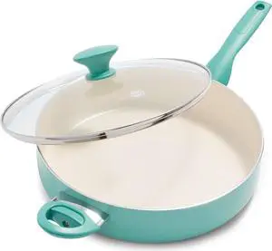 GreenPan Rio Healthy Ceramic Nonstick 5QT Saute Pan Jumbo Cooker with Helper Handle and Lid, PFAS-Free, Dishwasher Safe, Turquoise
