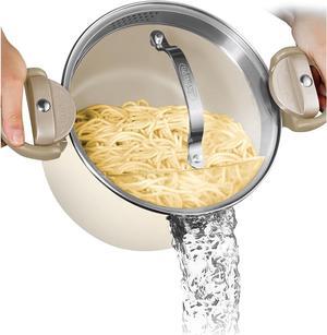GOTHAM STEEL 5 Qt Ceramic Stock Pot Multipurpose Pasta Pot with Strainer Lid & Twist and Lock Handles, Nonstick Ceramic Pot for Soup, Spaghetti, Rice, Pots for Kitchen, Dishwasher Safe - Cream