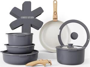 Country Kitchen Cookware Set with Removable Handle, Oven & RV Safe Pots and Pans Set, Grey/Ivory Wood Handle, Original