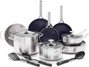 Blue Diamond 15-Piece Tri-Ply Stainless Steel Cookware Set, Healthy Ceramic Nonstick, Induction-Compatible Pots & Pans, PFAS & PFOA-Free, Dishwasher Safe, 600°F Oven Safe, Metal Utensil Safe, Silver