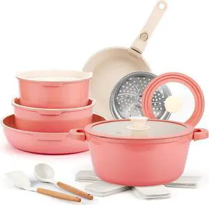 IKTU Ceramic Pots and Pans Set Non Stick Pink, 19 Pcs Nonstick Cookware Set with Detachable Handle RV Camping Induction Kitchen Cookware Set Non Stick, PFAS PFOA & PTFE Free