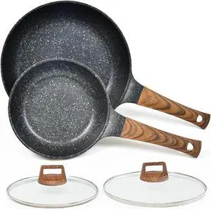 Nonstick Frying Pans Set with Lid, 10 In 11.5 In Aluminum Granite Coating Chef's Pan, Non Stick Flat Skillet Set with Glass Cover, Cookware Set Suitable for Gas Stove, Induction Glass Top