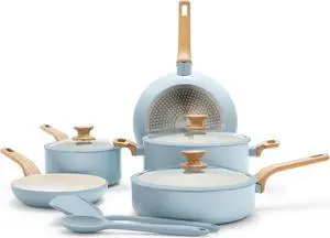 GreenPan Rio Essence Wood 10 Piece Cookware Pots and Pans Set, Healthy Ceramic Nonstick, PFOA & PFAS-Free Coating, Induction, Silicone Rim Lids, Stay-Cool Wood Print Handles, Dishwasher Safe, Blue