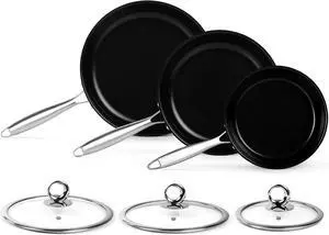 Stainless Steel Frying Pan Set with Lids, 6 Pieces Titanium Ceramic Frying Pans Nonstick W/Lid, Non Stick Egg Omelet Cooking Pan Set with Stay-Cool Handle, Induction Compatible, PFAS&PFTE Free