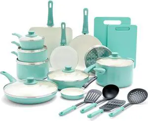 GreenLife Soft Grip 23 Piece Kitchen Cookware Pots and Frying Saucepans Set, Healthy Ceramic Nonstick PFAS and PFOA-Free, Dishwasher and Oven Safe, Even Heating, Easy Clean, Warp Control, Turquoise