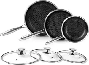 Tri-Ply Stainless Steel Frying Pan Set with Lid,8 Inch,9.5 Inch and 11 Inch Nonstick Honeycomb Stainless Steel Cooking Pan Set of 3Skillet Works Pan for Cooking with Induction Gas Stovetops