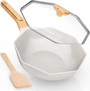 Ceramic Nonstick Octagonal Wok 12.5 inch Die-cast Induction Woks and Stir Fry Pans with Glass Lid PFOA Free (Cream White)