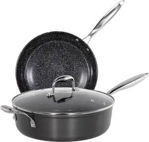 Kitchen Academy Ultimate Hard Anodized Ceramic Nonstick Frying Pans Set 3 Piece - 11.8Inch Frying Pan & 11Inch Deep Saute Pan/Wok/Skillet with Lid, PTFE & PFOA Free, Oven Safe, Black