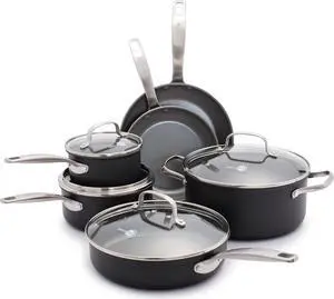 GreenPan Chatham Hard Anodized Healthy Ceramic Nonstick 10 Piece Cookware Pots and Pans Set, Frying Pan Skillets, Saucepans, Saute Pan, Stockpot, Lids, PFAS & PFOA-Free, Dishwasher & Oven Safe, Gray