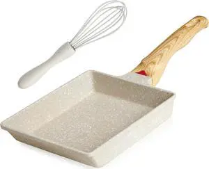 Tamagoyaki Pan Japanese Omelette Pan - Nonstick Tamago Pan, Rectangle Egg Frying Pan, Omelet Pan with Whisk, Wooden Handle, PFOS & PFOA Free, Oven & Dishwasher Safe