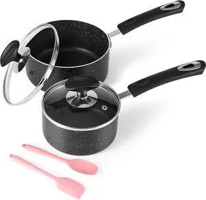 Nonstick Saucepan Set with Lid, Non Stick 1Qt & 2Qt Sauce Pan Set with Glass Lid Small Pot for Home Kitchen,Black