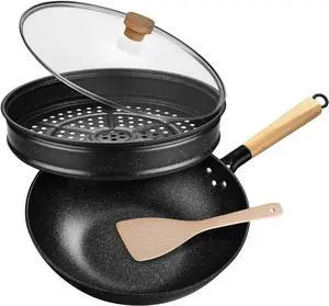 Non-Stick Wok with Steamer Basket,12 Inches Stir Fry Pans with Lid, Wok Pan Flat Bottom Multifunctional Cookware Chinese Wok for Induction, Gas, Halogen