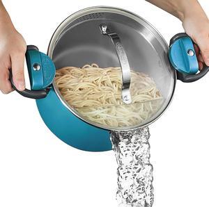 Gotham Steel 5 Quart Stock Pot Multipurpose Pasta Pot with Strainer Lid & Twist and Lock Handles, Nonstick Cooking Pot + Pasta Strainer Pots with Lid, Spaghetti Pot, Dishwasher Safe  Aqua Blue