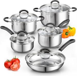 Cook N Home Stainless Steel Cookware Sets 10-Piece, Pots and Pans Kitchen Cooking Set with Stay-Cool Handles, Dishwasher Safe, Silver