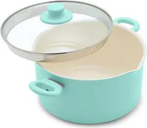 GreenLife 6QT Ceramic Nonstick Stockpot with Glass Straining Lid, PFAS & PFOA-Free, Dishwasher Safe, Stay-Cool Handles, Oven Safe to 350°F, Wobble-Free Base, Even Heating, Turquoise