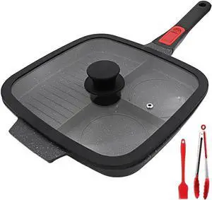 3 Section Grill Pan for Stove Tops with Detachable Handle, Nonstick Versatile Griddle Pan with Lid, Square Skillet PFOA Free, Black