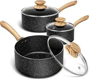 MICHELANGELO Saucepan Set, Nonstick Sauce Pans with Granite Coatings, Stone Sauce Pan with Lids, Non Stick Pot Sets, Sauce Pots 3 Piece, 1Qt, 2Qt & 3Qt