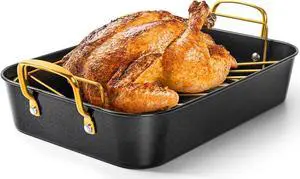 MICHELANGELO Roasting Pan with Rack, Carbon Steel Turkey Roasting Pan for Oven and Induction, Nonstick Turkey Roaster Pan with Stainless Steel Golden Rack & Golden Handle, 15 Inch x 11 Inch MICHELANGELO Roasting Pan with Rack, Carbon Steel Turkey Roasting Pan for Oven and Induction, Nonstick Turkey Roaster Pan with Stainless Steel Golden Rack & Golden Handle, 15 Inch x 11 Inch