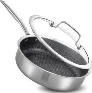 LOLYKITCH 10 Inch Hybrid Stainless Steel Non-Stick Sauté Pan,Skillet,Induction Deep Frying Pan,Dishwasher and Oven Safe,Riveted Handle.