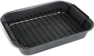 kitCom Bakeware Nonstick Roaster, Nonstick Roasting Pan with Rack, Great For Roast Chicken, Roasts And Turkeys - 15 Inch x 11 Inch (5.8 QT), Gray