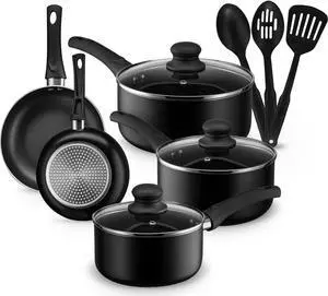 Pots and Pans Set, Aluminum Nonstick Cookware Set, Fry Pans, Casserole with Lid, Sauce Pan, and Utensils, 11 Piece Cooking Set (Black)