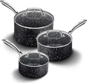 Nonstick Premium 3-Piece Saucepan Set with Glass Lids, Natural Durable Granite Coating, Nonstick, Durable & Oven Safe to 450°F, 1&2&3QT, Black