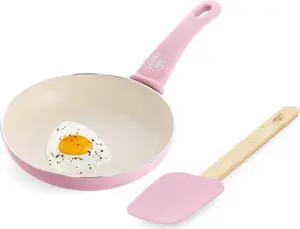 GreenLife Soft Grip 8 Frypan Skillet and Spatula Breakfast Cookware Set, PFAS-Free Ceramic Nonstick, Silicon Spatula with Bamboo Handle, Egg Omelette Bacon, Dishwasher Safe, Stay-Cool Handles, Pink