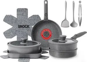 THE ROCK SMART SPACE Ceramic 16pc Nonstick Pots and Pans Set with ROCK.TEC, Cookware Set with Detachable Handles, Scratch/Stain/Crack Proof, Oven & Dishwasher Safe, PFAS & PFOA Free, Grey
