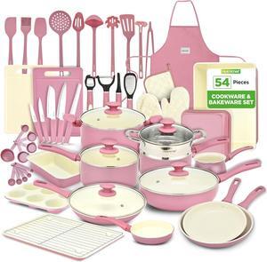 NutriChef 54-Piece Kitchen Cookware Set  Complete Non-Stick Ceramic Pots and Pans Set with Utensils, Bakeware, and Knife Set, Gas, Electric & Induction Compatible, Blush Pink Kitchen Essentials