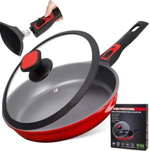 DIIG Nonstick Frying Pan Skillet with Silicone Lid, 10 Inch Saute Pan Omelet Sauce Pan Red Cookware, Oven Safe Chef Pan for Cooking with Detachable Handle, Induction Gas All Stoves Compatible