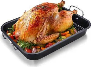 HONGBAKE Small Roasting Pan with Flat Rack for 15 Lb Turkey, 16 X 11.5 Inch Nonstick Chicken Roaster Tray for Oven, Baking Pans for Cooking Lasagna with Stainless Steel Handles