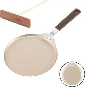 CHEFMADE Crepe Pan with Bamboo Spreader, 8-Inch Non-Stick Pancake Pan with Insulating Silicone Handle for Gas, Induction, Electric Cooker (Champagne Gold)