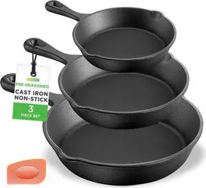 NutriChef Pre-Seasoned Cast Iron Skillet Pans - 3 Pieces Kitchen Frying Pan Nonstick Cookware Set w/Drip Spout - Includes Scraper - Electric Stovetop, Induction, Gas Range, Ceramic - NutriChef NCCI76
