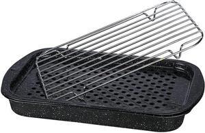 Granite Ware 3 piece multiuse set. Enameled steel bake, broiler pan, and grill with rack. Versatile for oven and direct fire cooking. Resists up to 932°F.