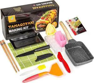 FUNGYAND Tamagoyaki Pan Set, 12-in-1 Japanese Omelette Pan with Spatula, Bamboo Mat, Knife, and Sushi Accessories - 5x7 Inches Deluxe Cookware